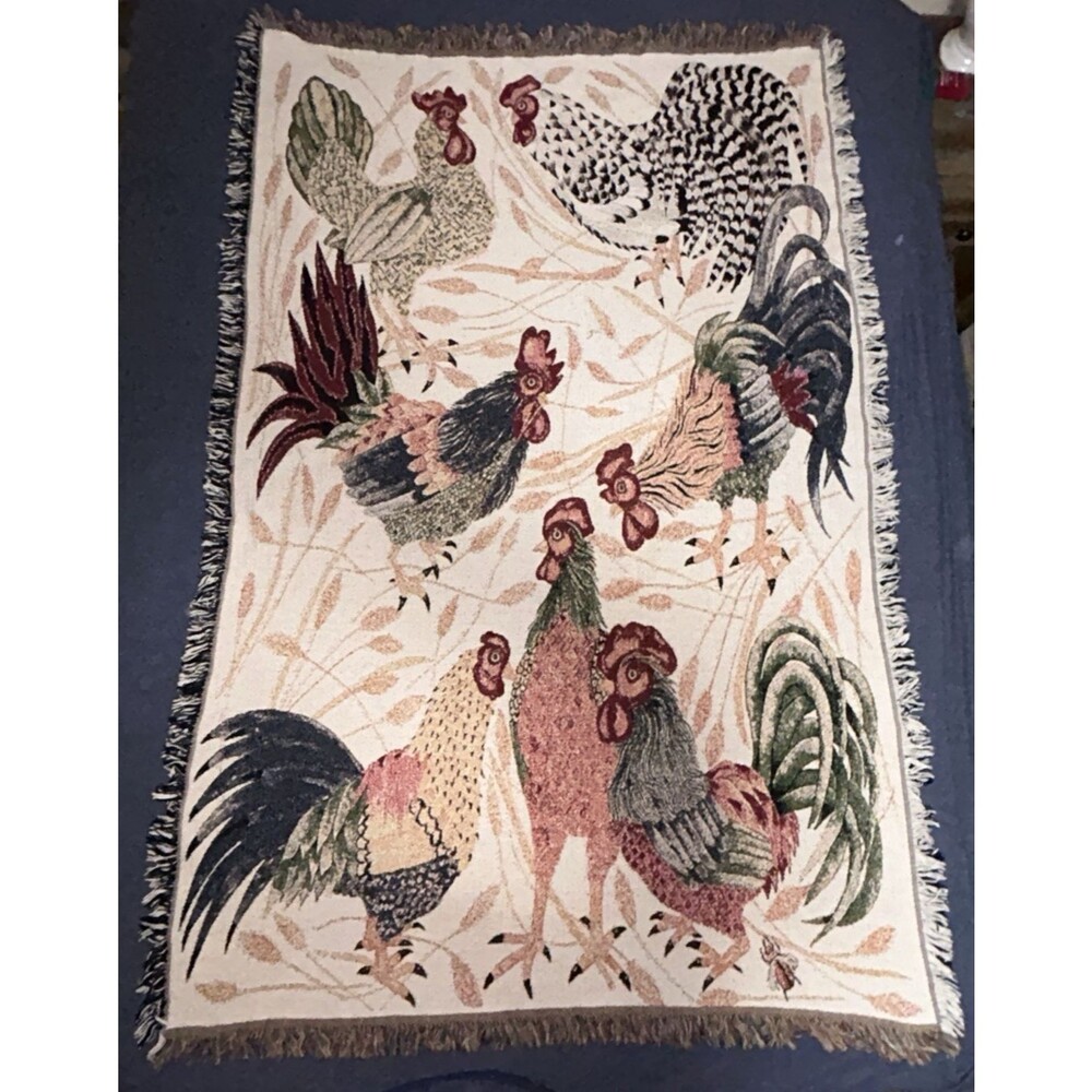 VTG Goodwin Weavers Tapestry Throw Blanket Roosters Anne Hathaway Farm LARGE